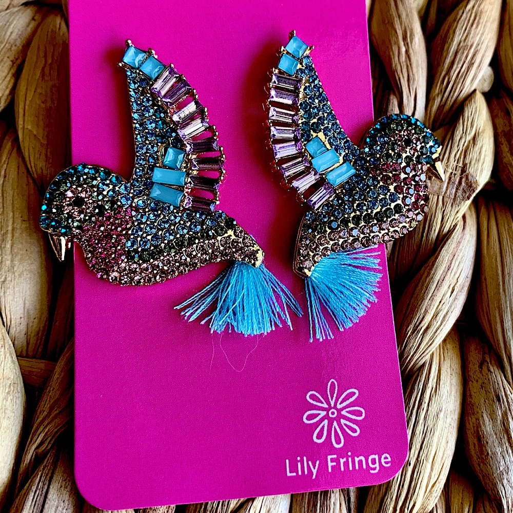 NWT Multi Color Hummingbird Rhinestone Earrings